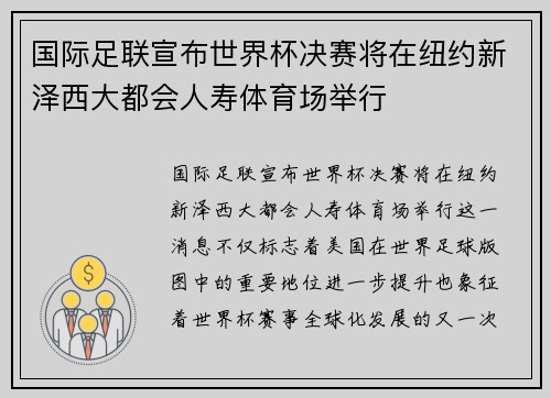 国际足联宣布世界杯决赛将在纽约新泽西大都会人寿体育场举行